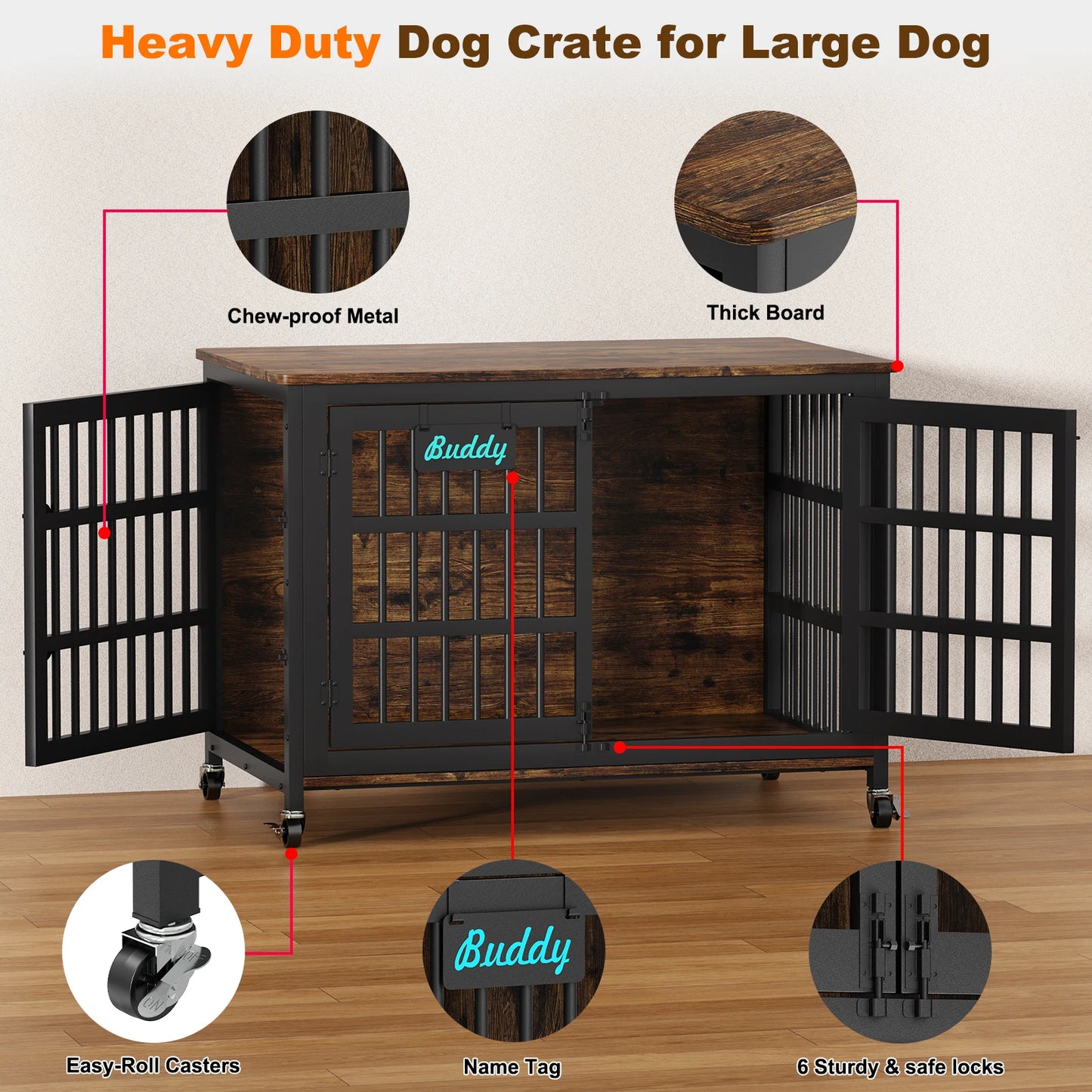 Heavy Duty Wooden Dog Crate Furniture Indoor Kennel With Casters
