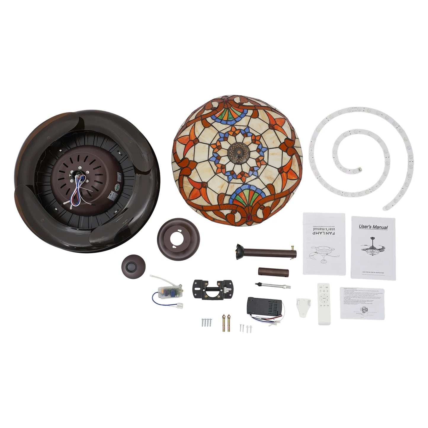 Ceiling Fan, 42 Inch Ceiling Fans, Fan Chandelier, Tiffany Style LED Ceiling Fan Light, Remote Control, 3-Color Dimmable, 6 Speeds, Reversible Quiet Pure Copper Motor, ABS Blades, Brown, Adjustable Rod, Home Living Room Bedro