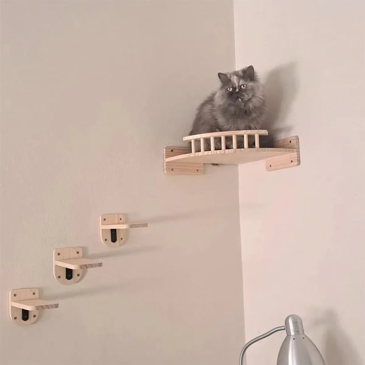 CWV Pine Wood Wall Mounted Cat Tree With Steps Hammock