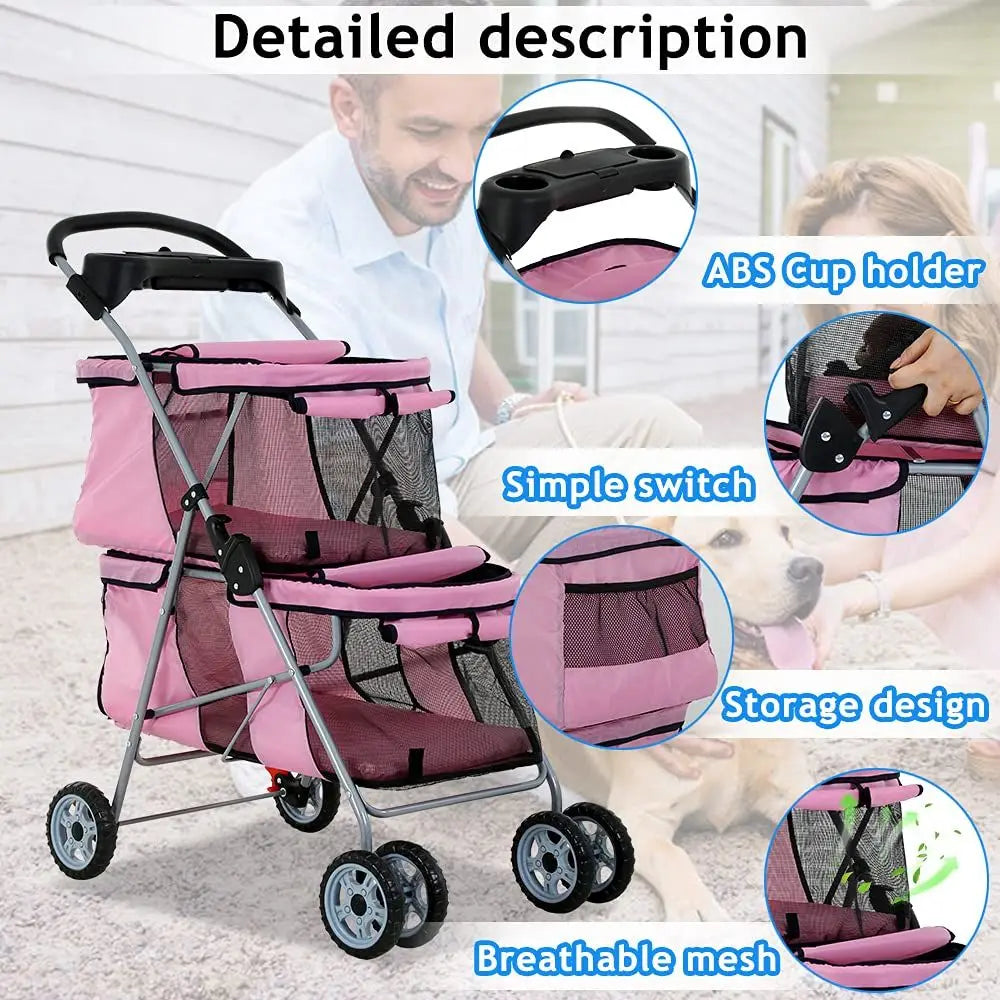 Double Pet Stroller With Cup Holder And Foldable Design