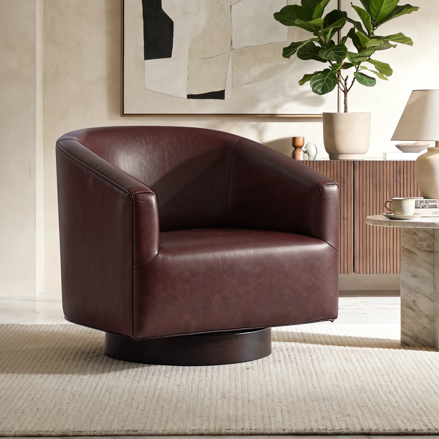 Kerdom Barrel Accent Chair With Linen Upholstery And Wood Frame