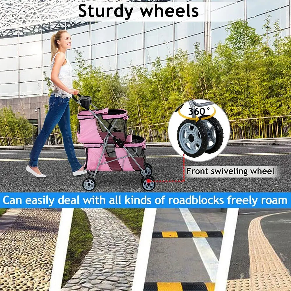 Double Pet Stroller With Cup Holder And Foldable Design