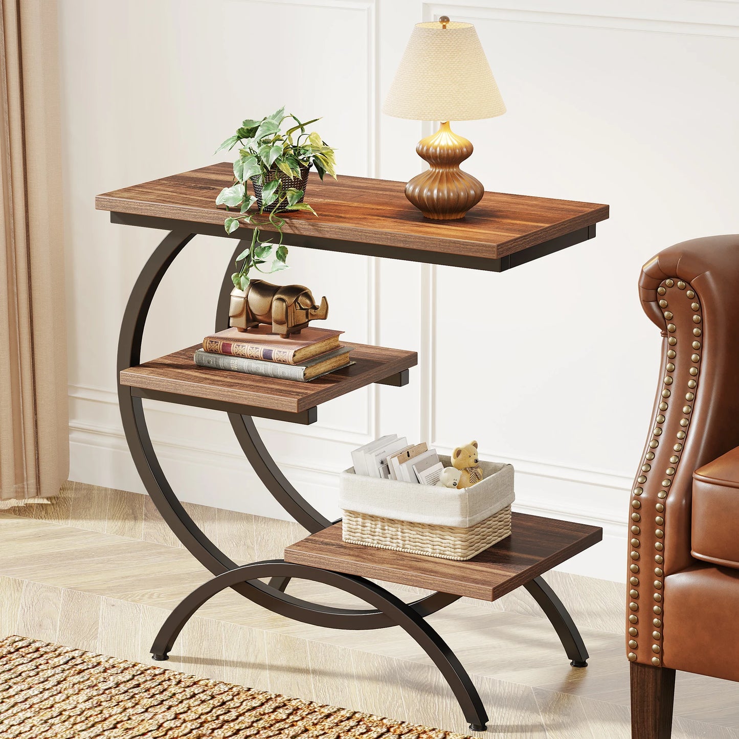 Tribesigns C-Shaped Side Table With Open Storage Shelving Unit