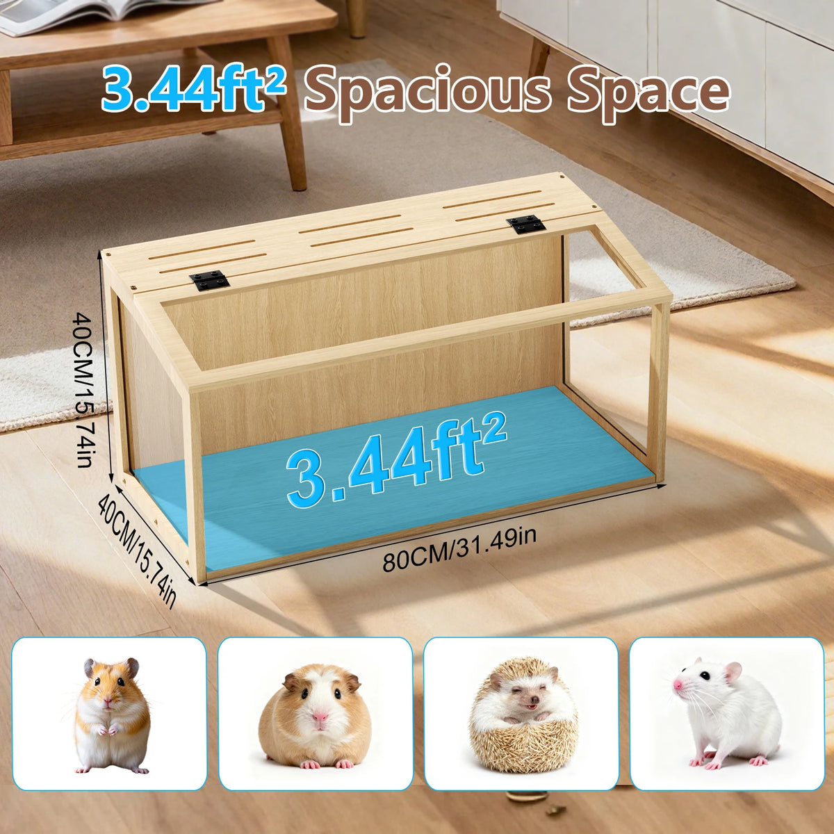 Wooden Hamster Habitat With Tempered Glass And Openable Roof