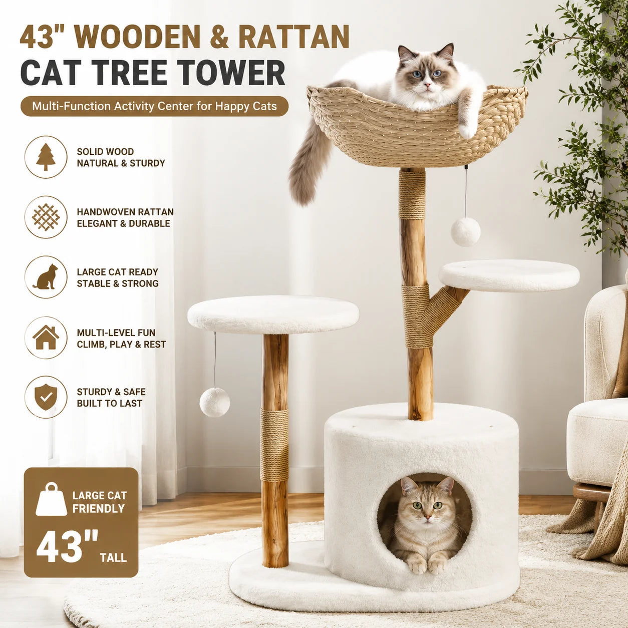 Sturdy Wooden Cat Tree Tower With Multi Level Rattan Perches