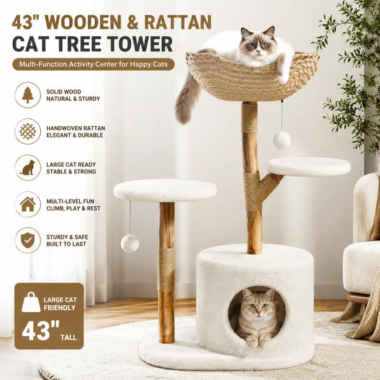 Sturdy Wooden Cat Tree Tower With Multi Level Rattan Perches