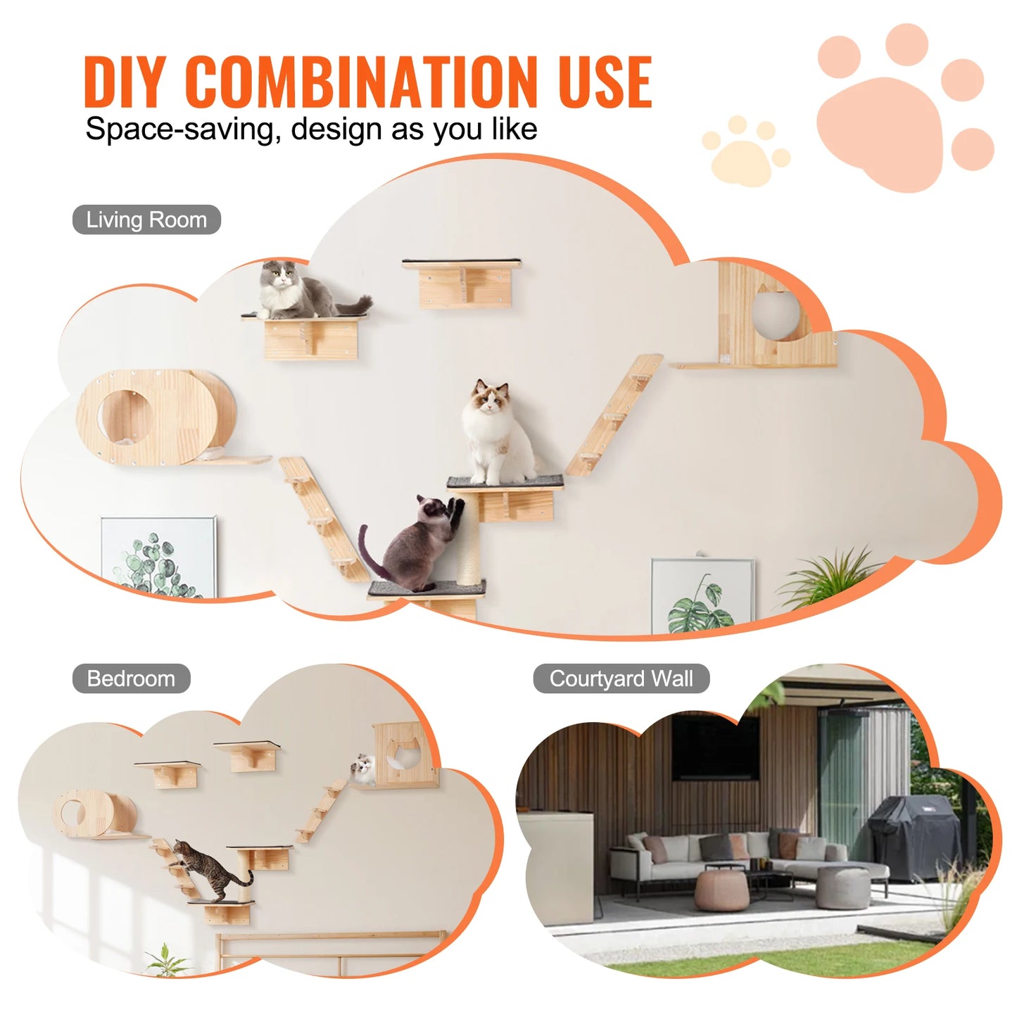 SucceBuy Wall Mounted Cat Shelves With Wooden Perches And Hammock