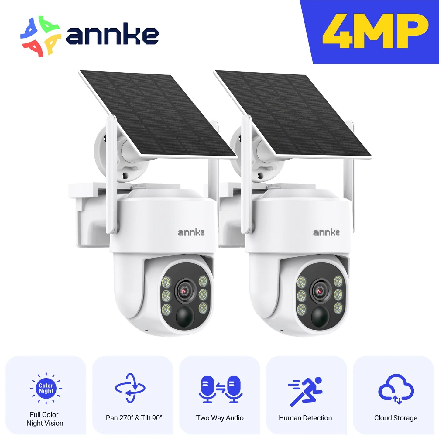 ANNKE 4MP Solar Wireless Security Camera Outdoor WiFi 6 Camera PIR Human Detection Full-Color Night Vision Pan/Tilt 270° Two-Way Talk IP65 Waterproof