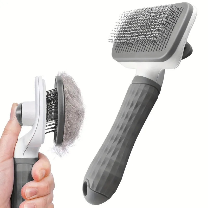 Ergonomic Self Cleaning Pet Brush With Round Tip Needles