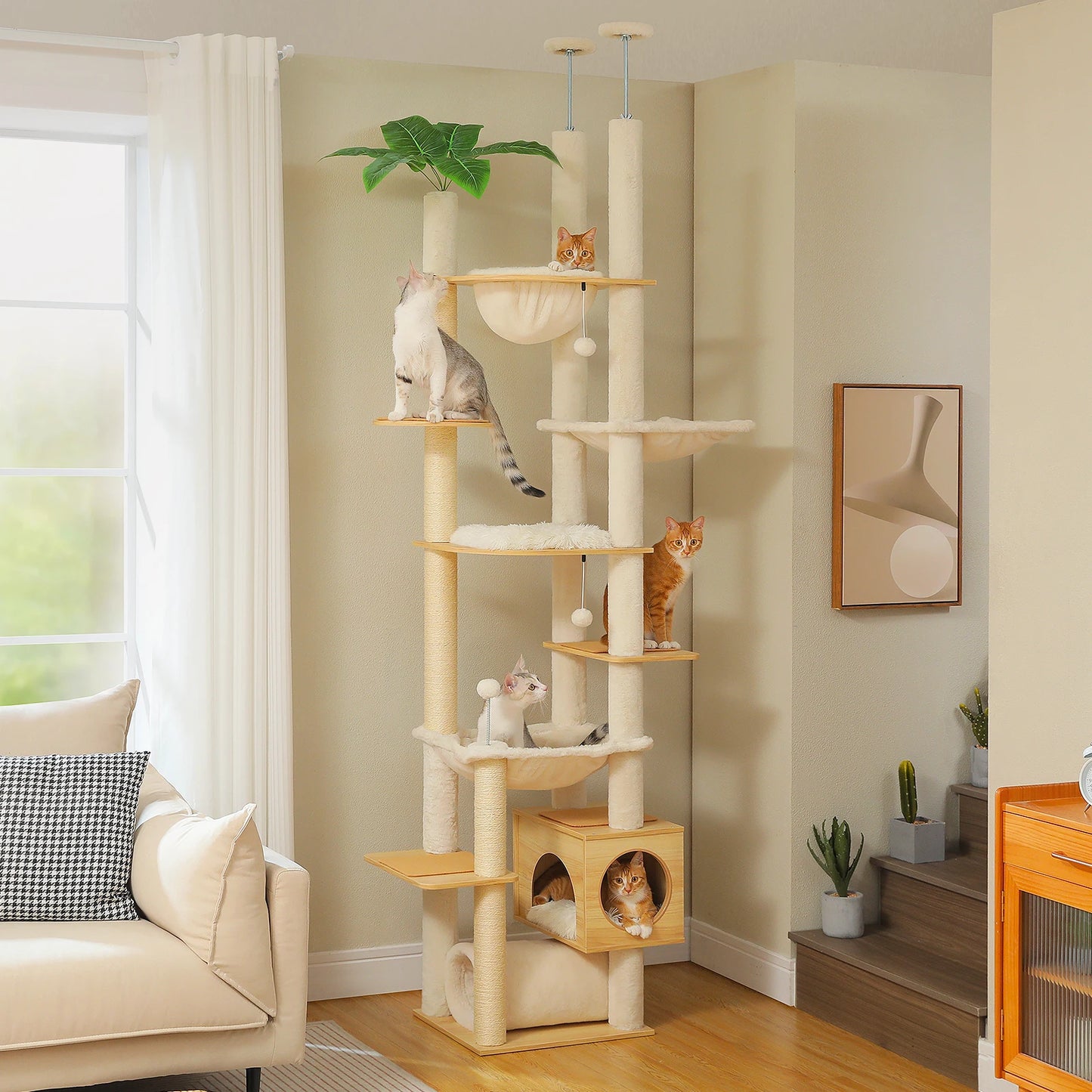 PAWZ Road Height Adjustable Wooden Cat Tower With Hammock Indoor