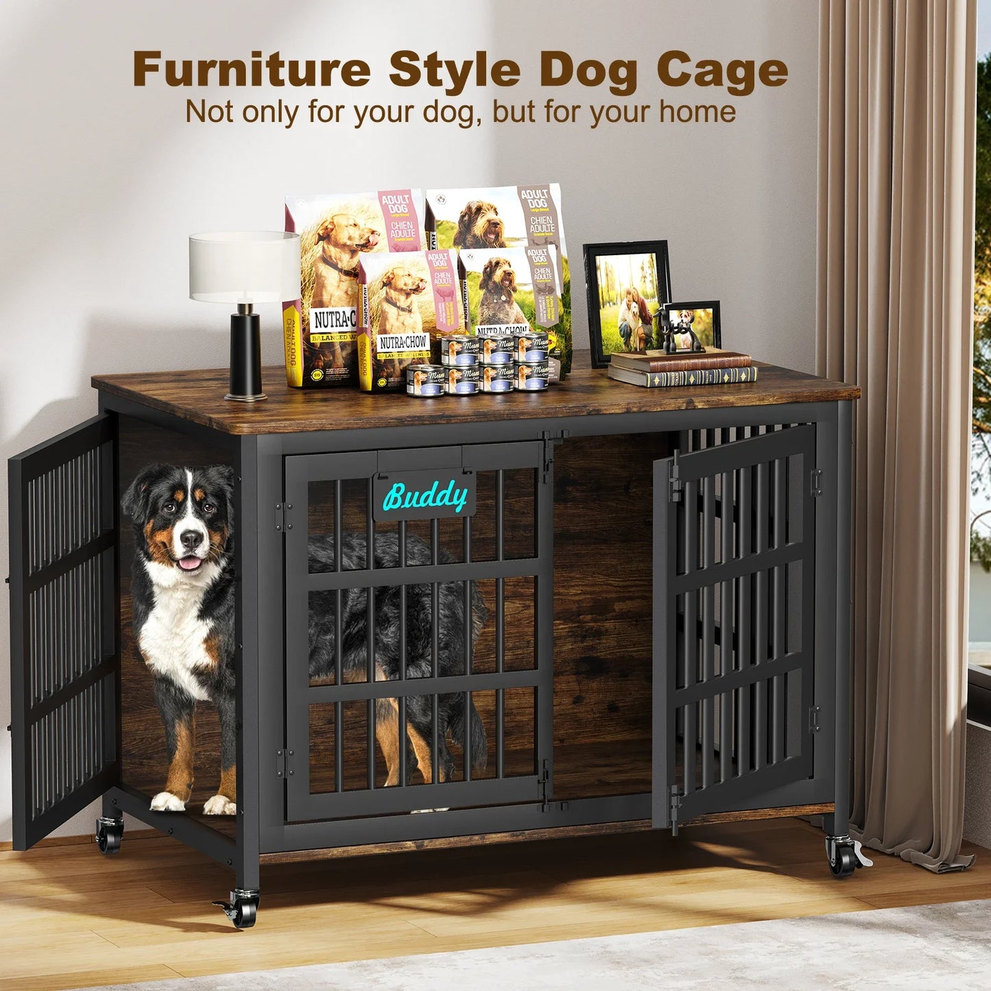 Heavy Duty Wooden Dog Crate Furniture Indoor Kennel With Casters