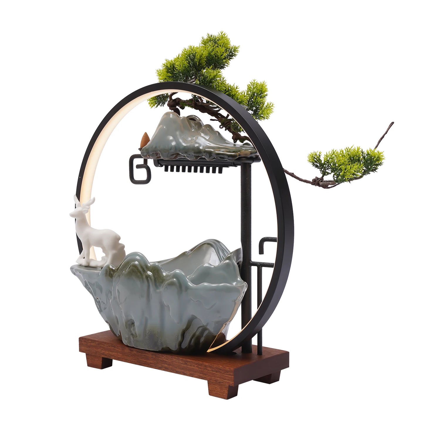 Bymaocar Ceramic Tabletop Fountain LED Mist Effect Bonsai Decor