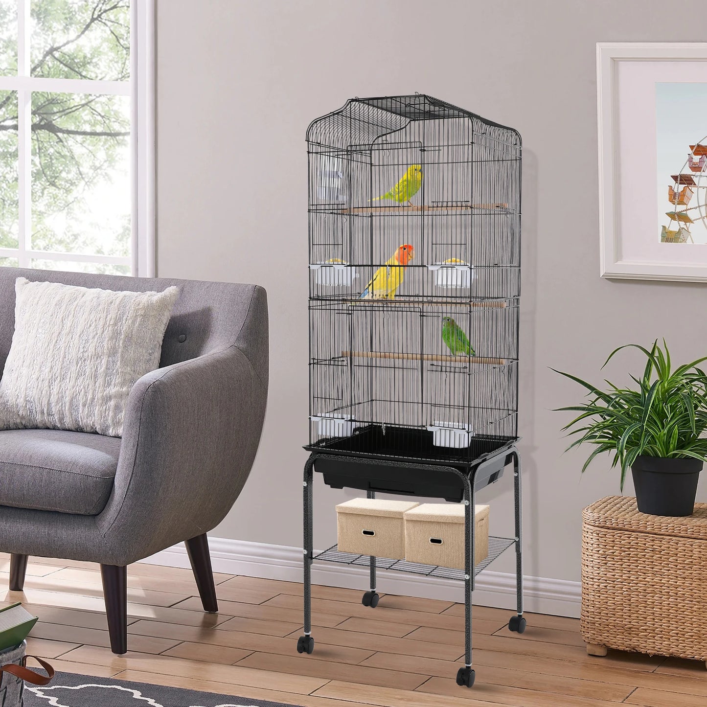 Large Metal Bird Cage With Stand And Wheels For Parrots