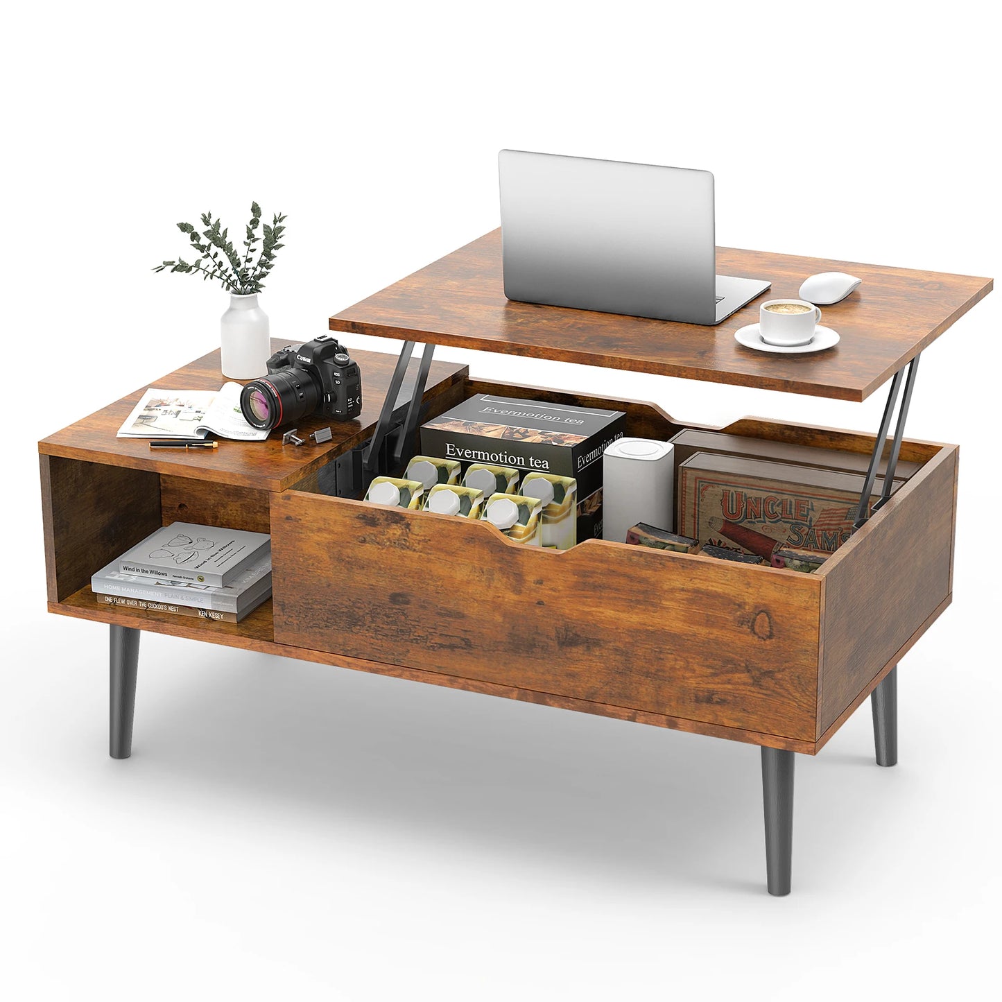JHK Wood Lift Top Coffee Table Featuring Adjustable Storage Shelf