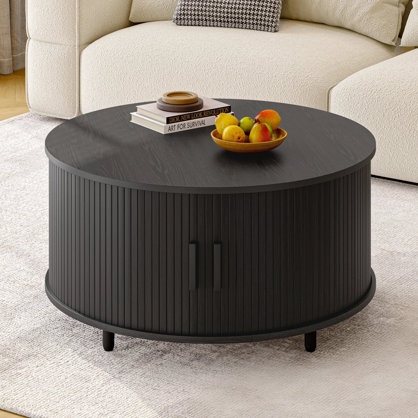 Onbrill Modern Fluted Round Coffee Table Featuring Sliding Storage Door