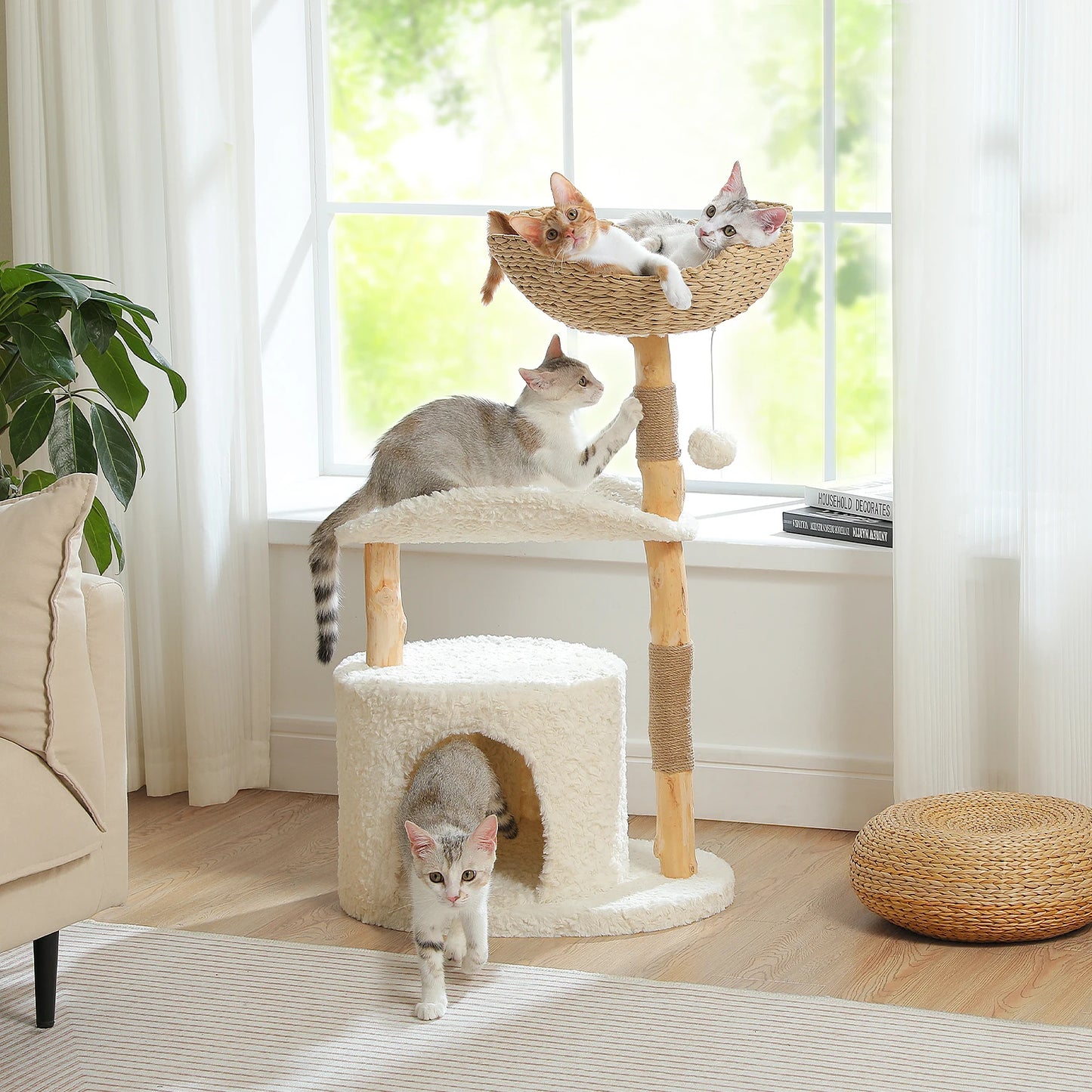 PAWZ Road Modern Wooden Cat Tree Tower With Wicker Basket