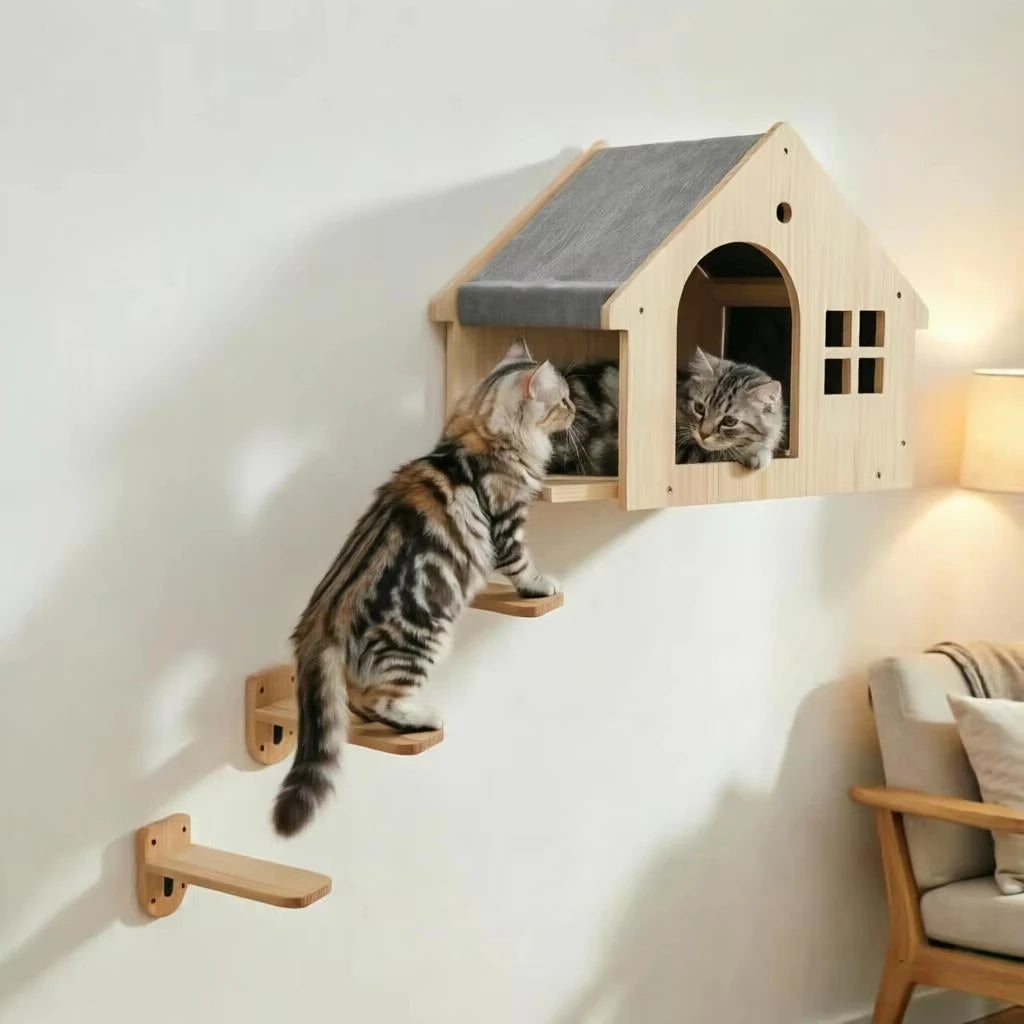 Wooden Wall Mount Cat Climbing Villa Floating Shelf