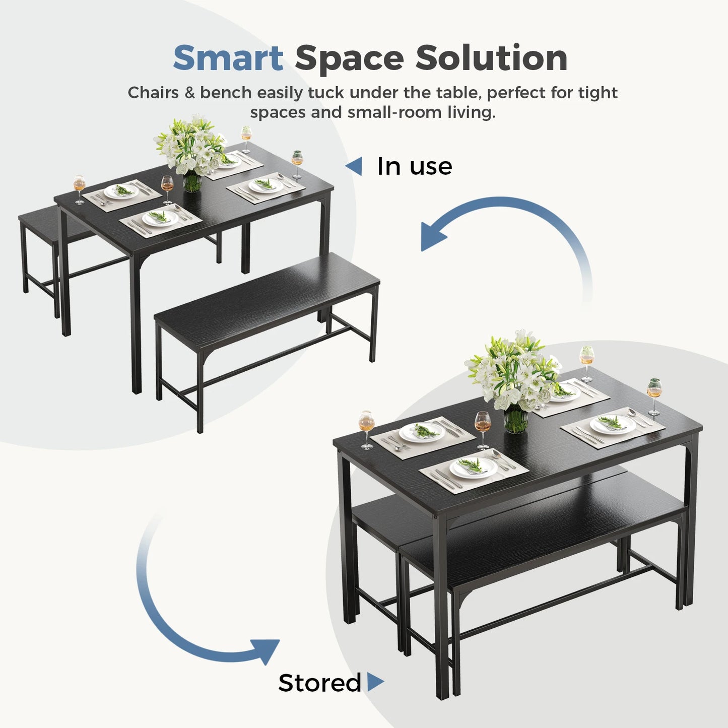JHK 3Pcs Table and Chair Set Wooden Desktop with Metal Frame for Easy Storage Space-Saving Ideal 4-Person Set for Living Room Kitchen Apartment Corner