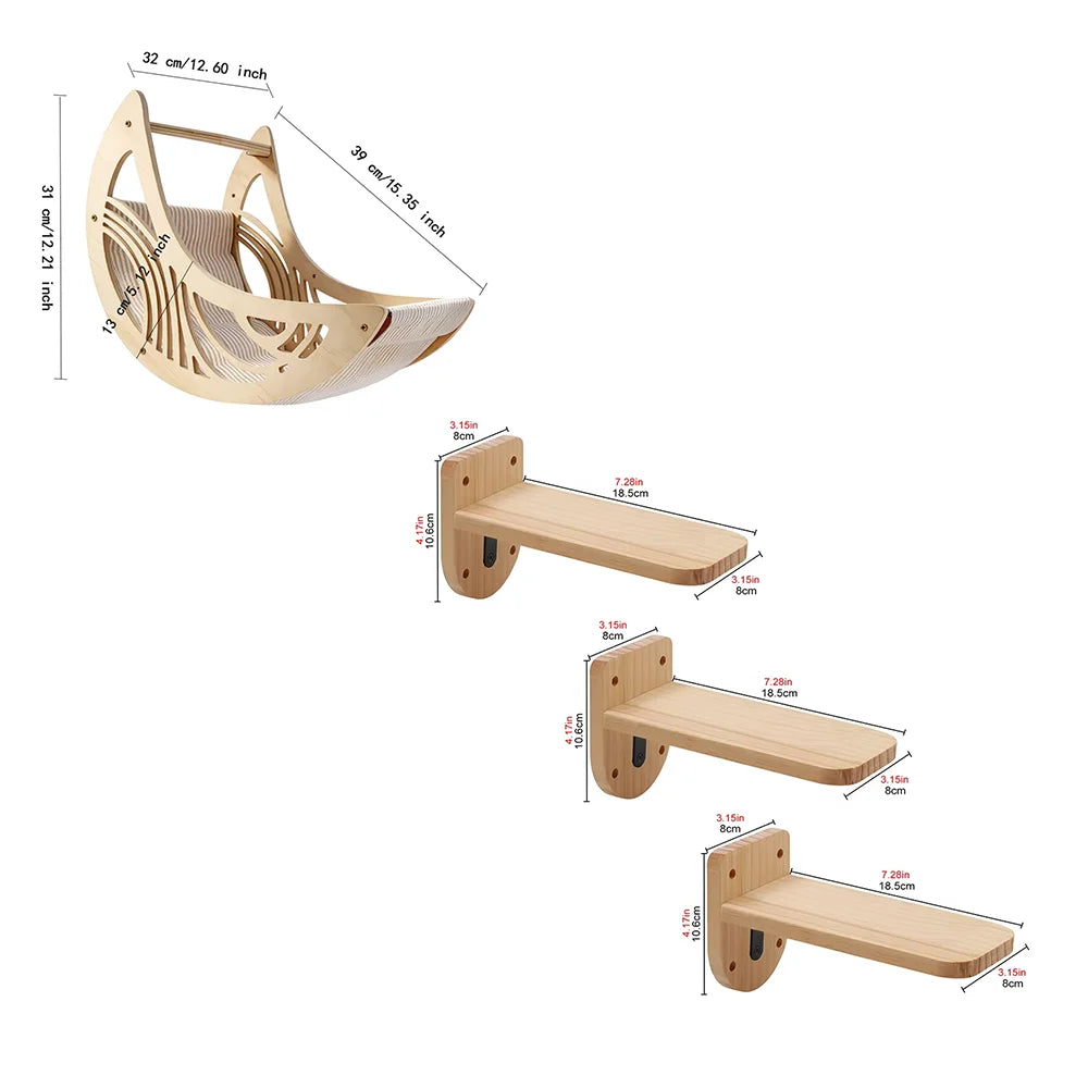 CWV Wall Mounted Cat Shelves Pine Wood Moon Star Platform