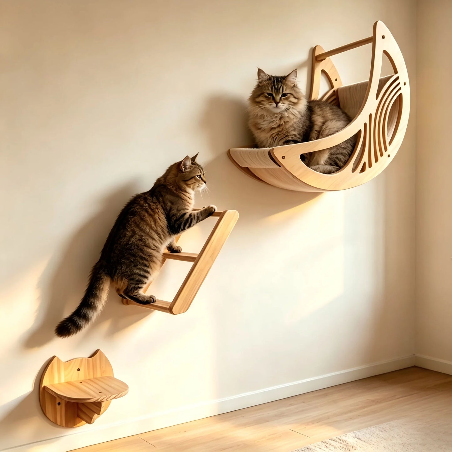 CWV Wall Mounted Cat Shelves Pine Wood Moon Star Platform