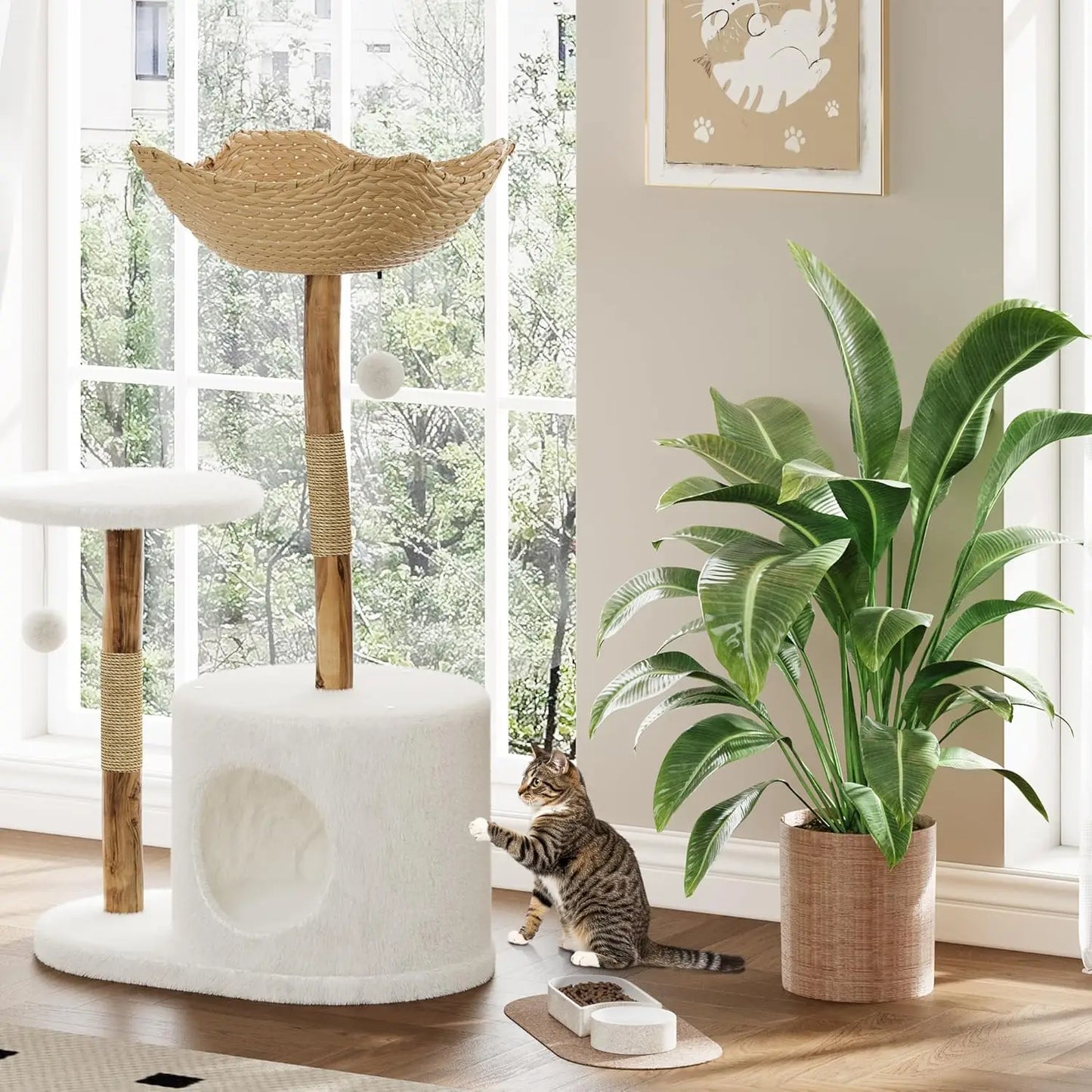 Sturdy Wooden Cat Tree Tower With Multi Level Rattan Perches