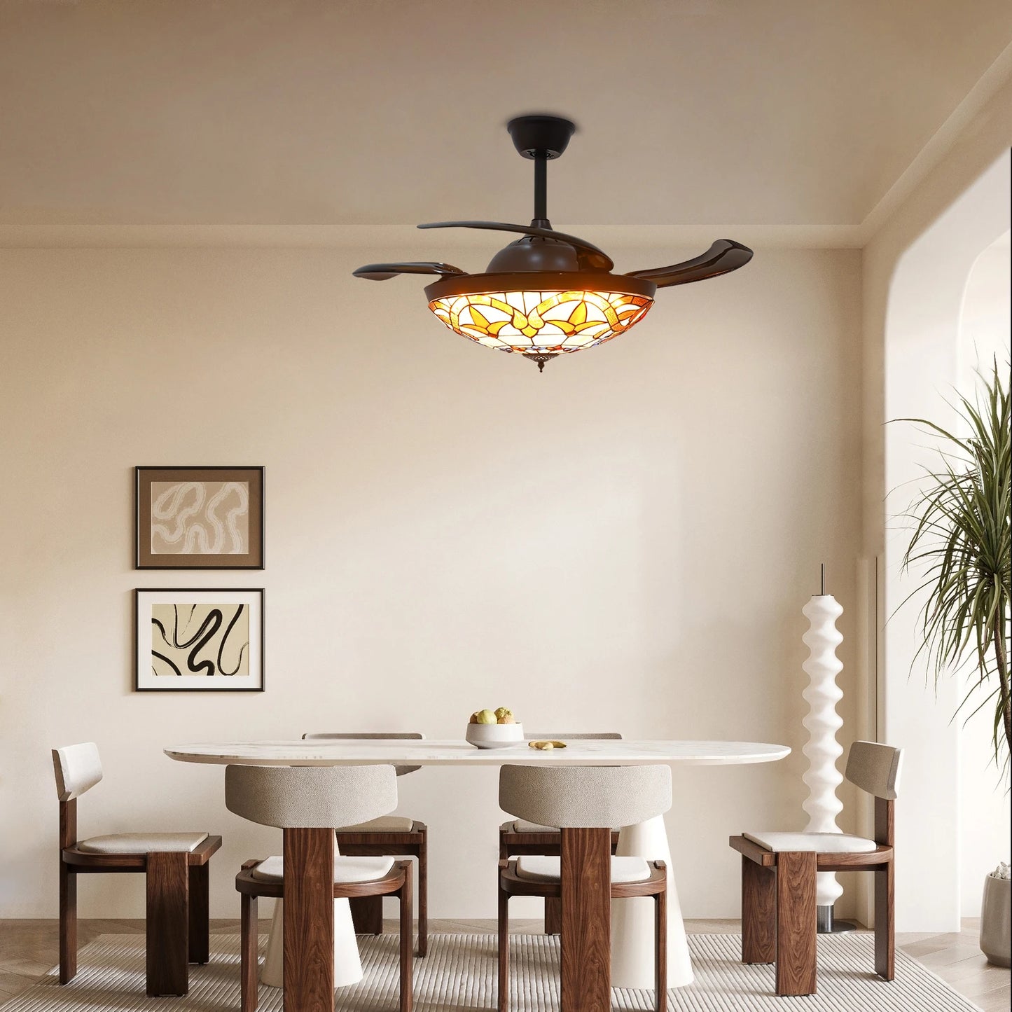 Ceiling Fan, 42 Inch Ceiling Fans, Fan Chandelier, Tiffany Style LED Ceiling Fan Light, Remote Control, 3-Color Dimmable, 6 Speeds, Reversible Quiet Pure Copper Motor, ABS Blades, Brown, Adjustable Rod, Home Living Room Bedro