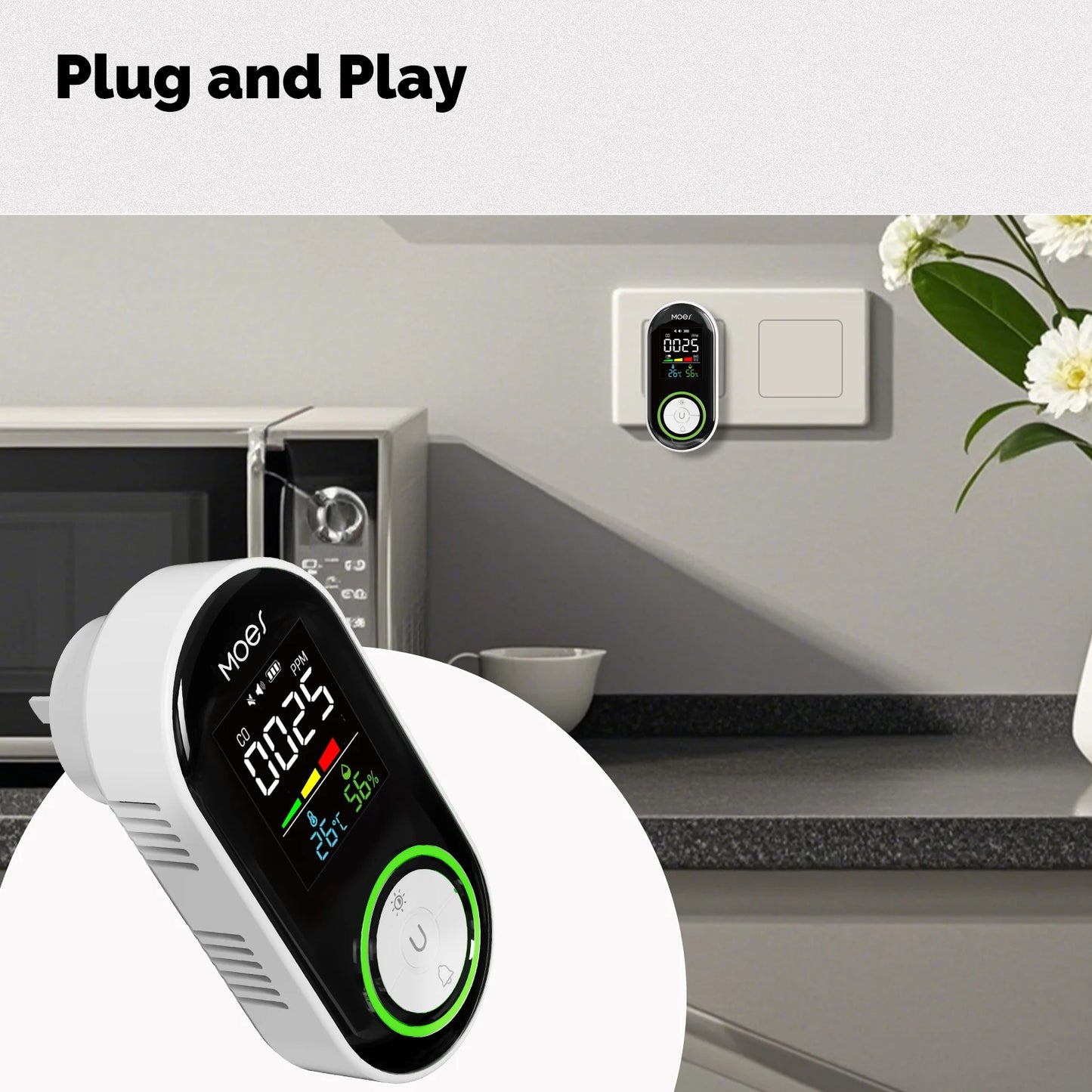 MOES CO Smoke Gas Detector Alarm Plug-in Carbon Monoxide Sensor Warning LED Display Temperature Humidity Kitchen Garage Boiler