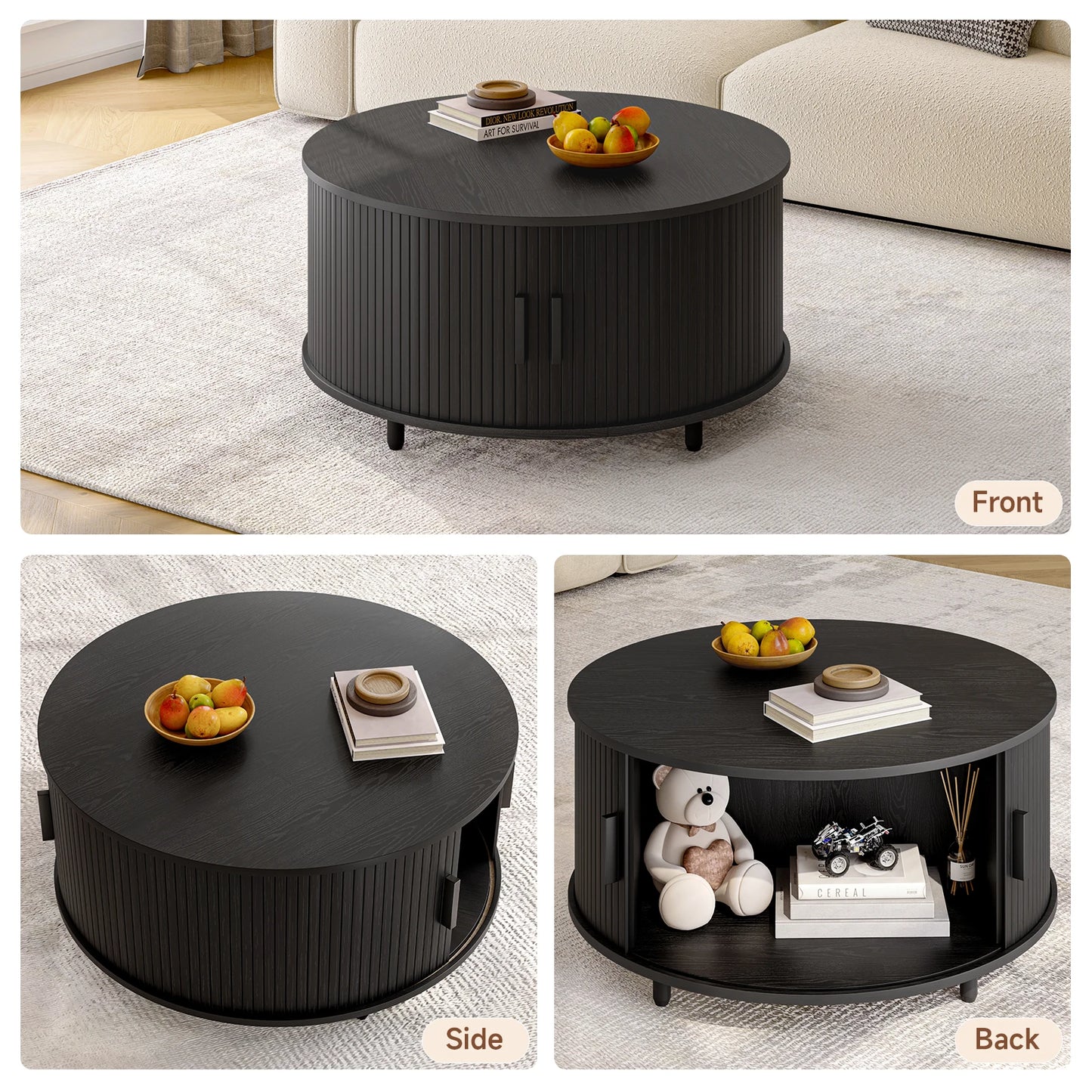 Onbrill Modern Fluted Round Coffee Table Featuring Sliding Storage Door
