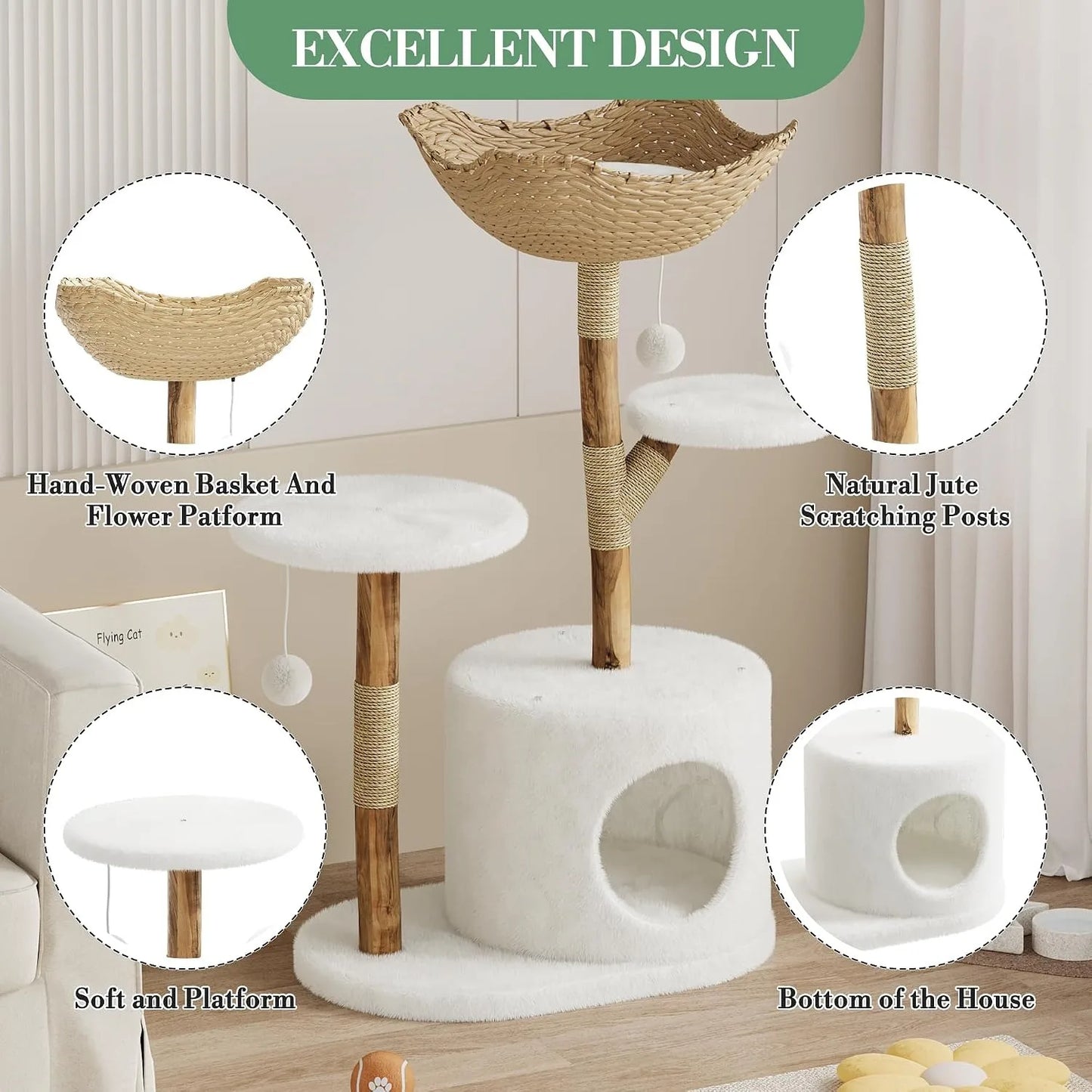 Sturdy Wooden Cat Tree Tower With Multi Level Rattan Perches