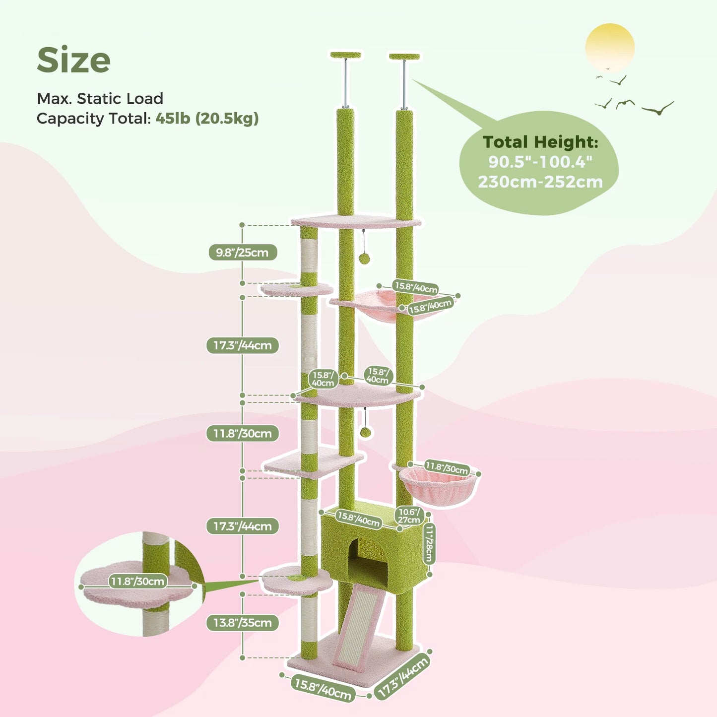 Petepeala Floor To Ceiling Cat Tree With Adjustable Cozy Hammock