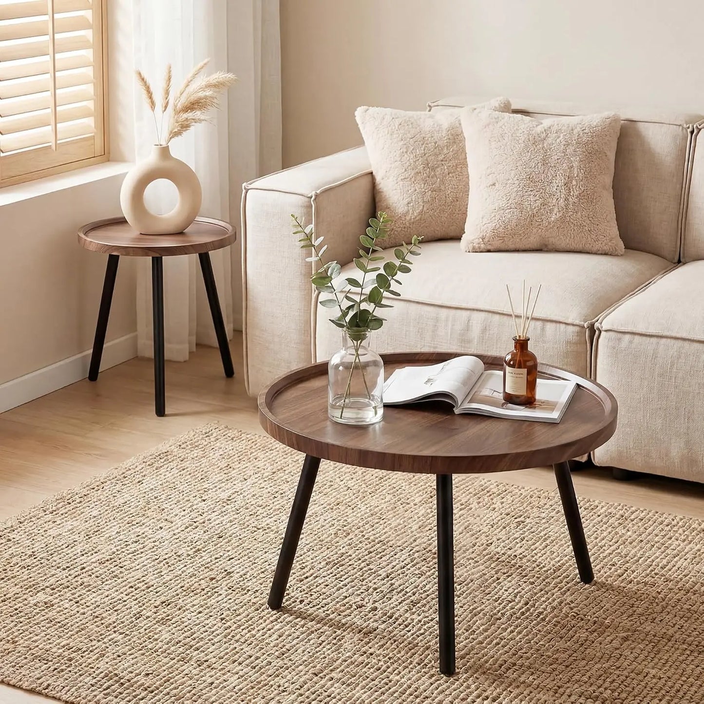 Round Nesting Coffee Table Set With Wood And Metal Frame
