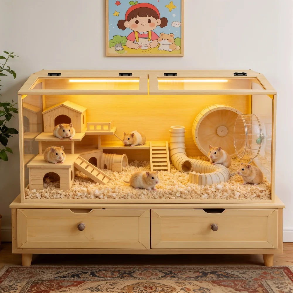 Wooden Hamster Habitat With Tempered Glass And Openable Roof