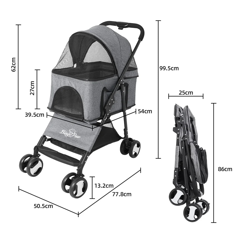 Foldable Pet Stroller With Storage Basket And Rain Cover