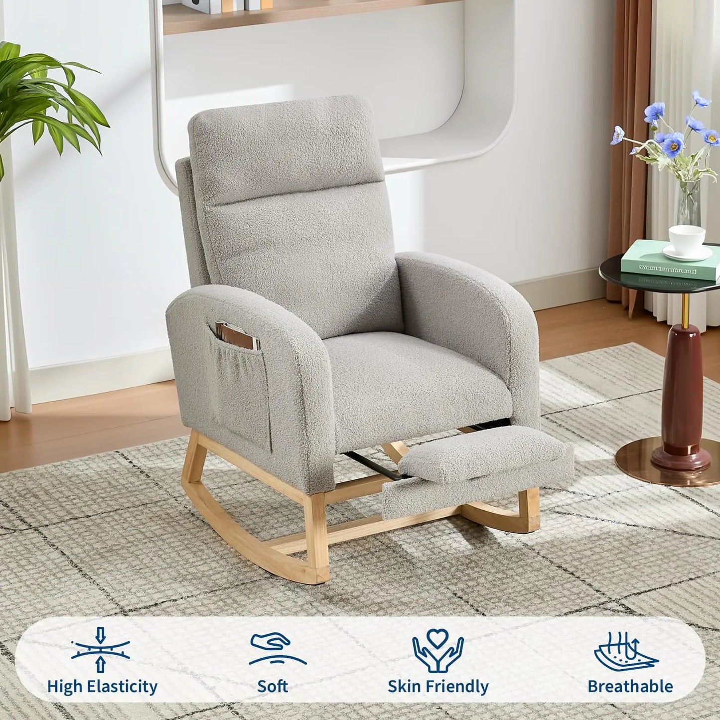 Modern Teddy Rocking Chair With Footrest For Bedroom And Nursery