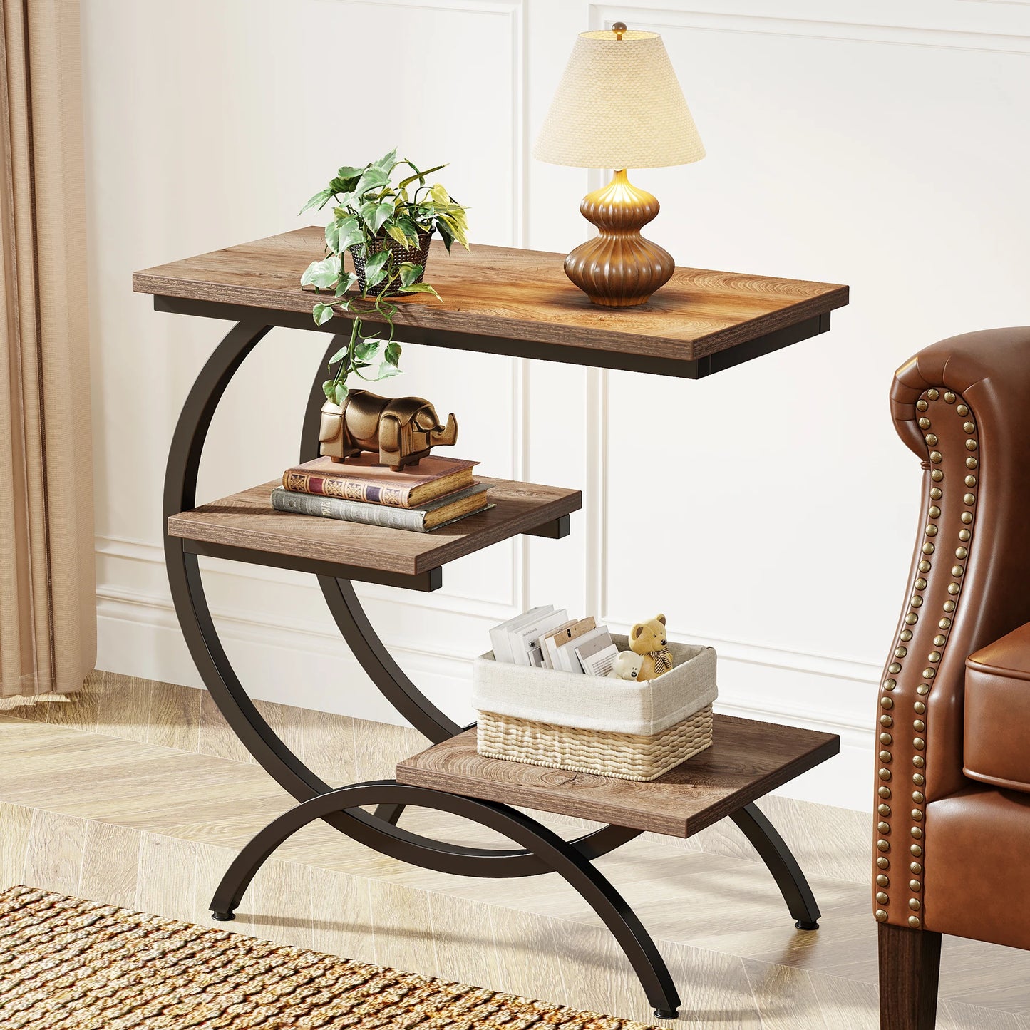 Tribesigns C-Shaped Side Table With Open Storage Shelving Unit