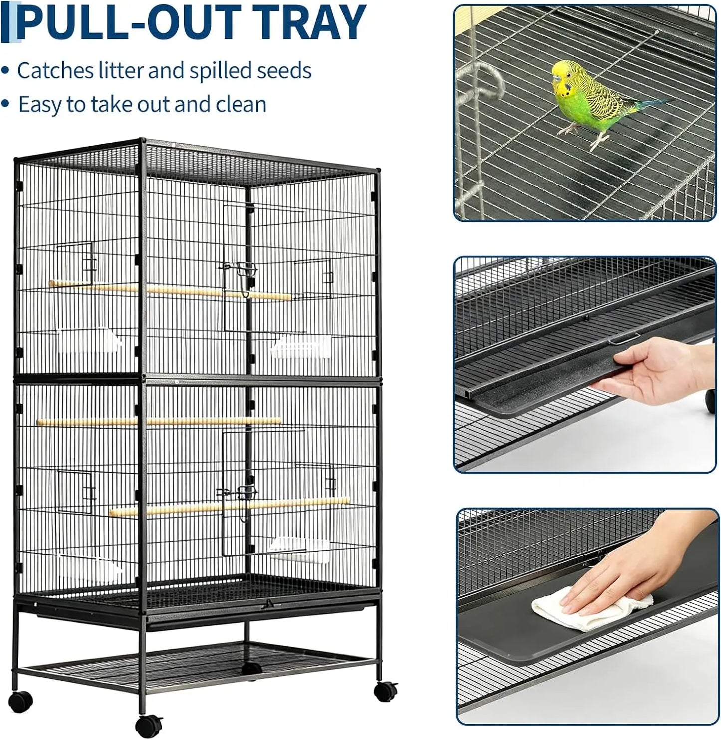 HiMISS Large Bird Cage With Rolling Stands And Bowls