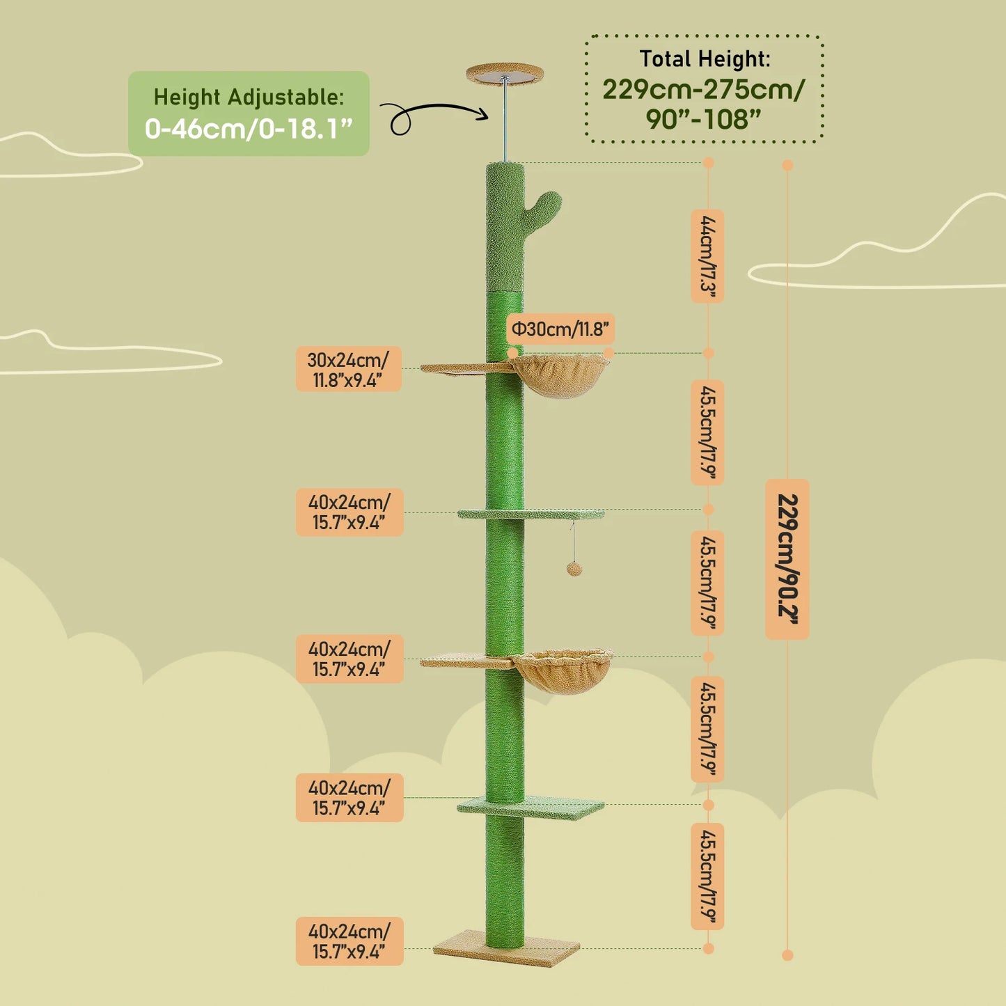 Pequlti Comfortable Cat Tower With Hammock And Sisal Scratching Posts