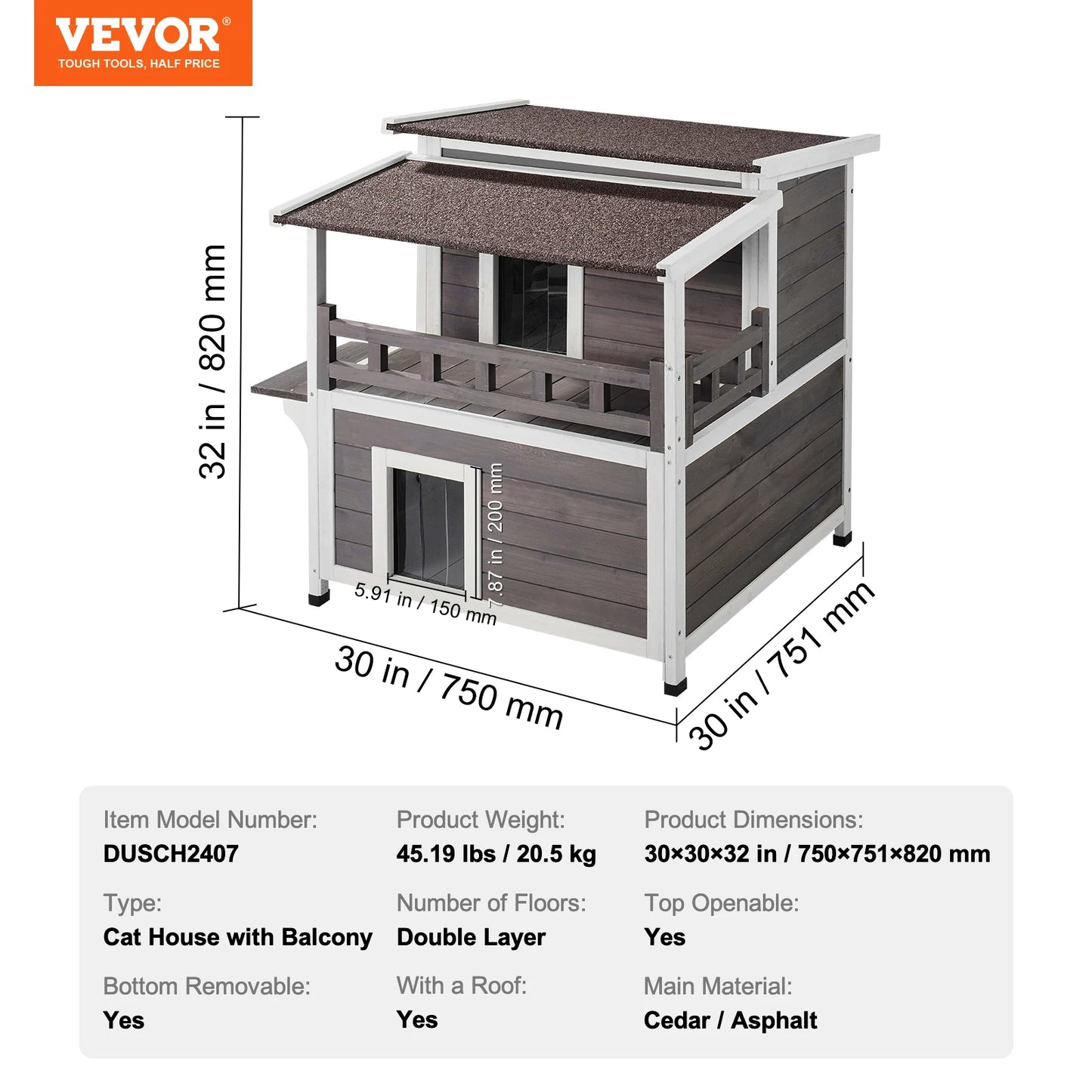 SucceBuy Weatherproof Outdoor Cat House Cedar Shelter With Balcony