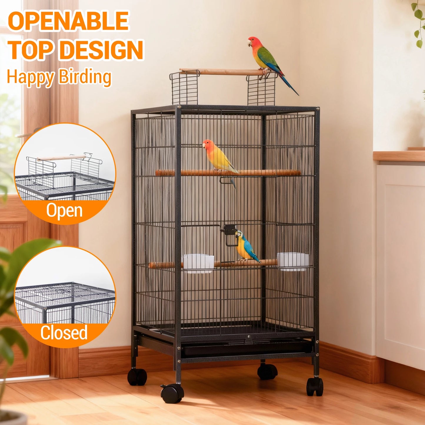 HiMiss Open Top Metal Bird Cage With Perches Wheels Tray