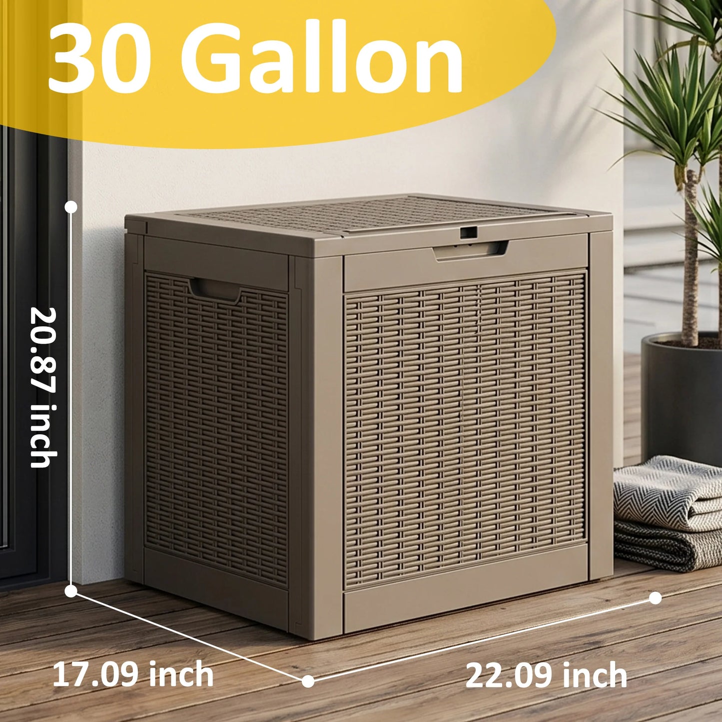 30 Gallon Gray Rattan Textured Resin Outdoor Deck Box Weatherproof Lockable Patio Storage Chest for Backyard Pool Garden Supplies