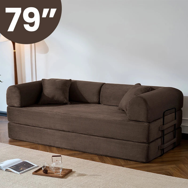 79’’ Folding Convertible Sofa Bed Corduroy Upholstered Boneless Couch, Loveseat Sleeper Floor Sofa for Living Room Bedroom