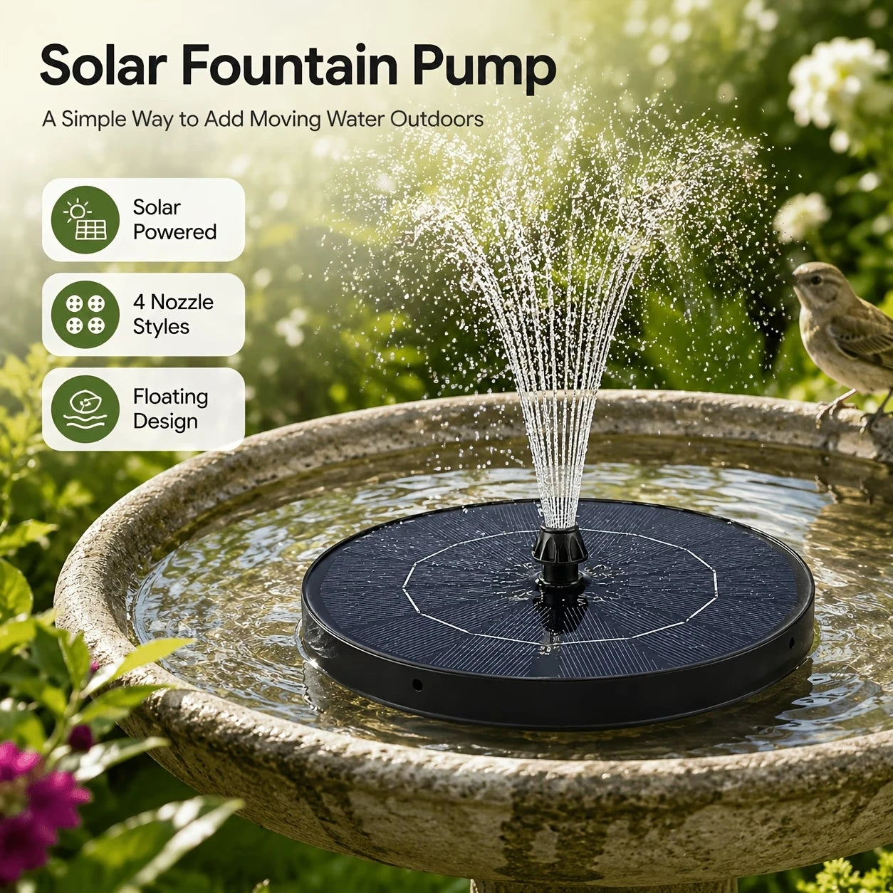 Solar Water Fountain With Four Nozzles For Garden Outdoor Decor