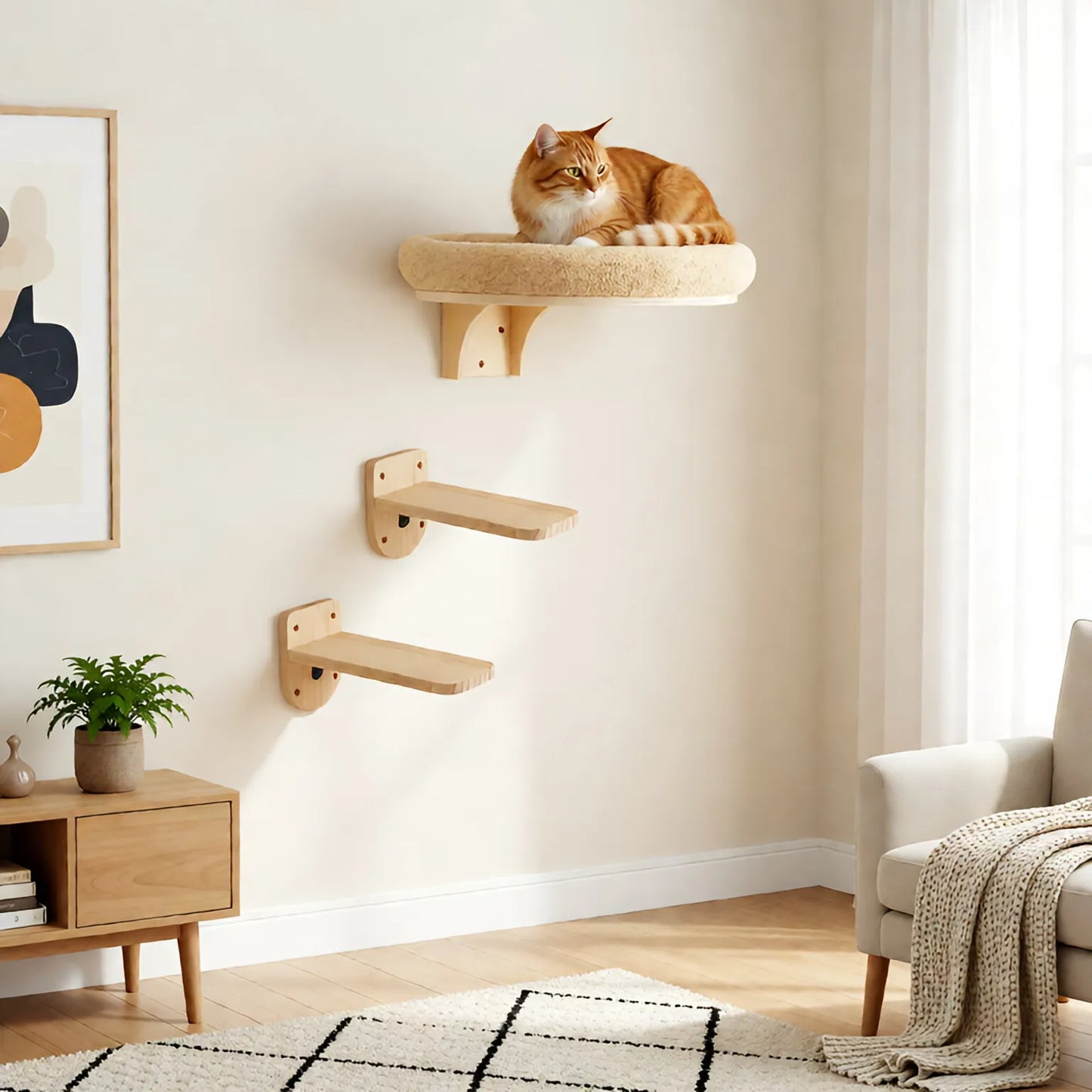 Solid Wood Wall Mounted Cat Climbing Ladder And Scratching Post