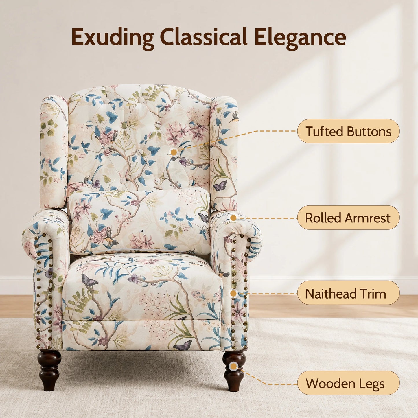 TCGBKAF Vintage Floral Wingback Club Chair Mid Century Modern Upholstered