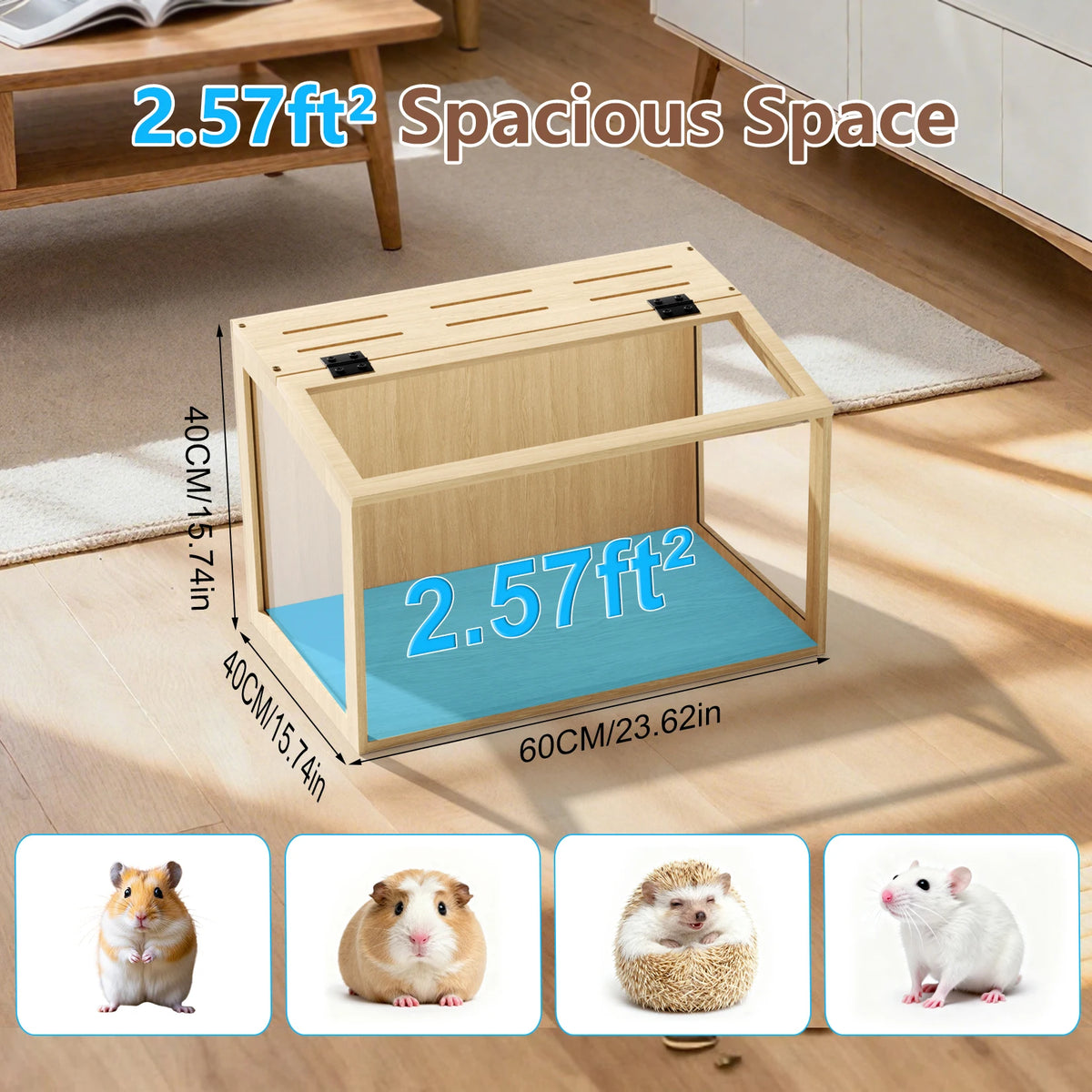 Wooden Hamster Habitat With Tempered Glass And Openable Roof