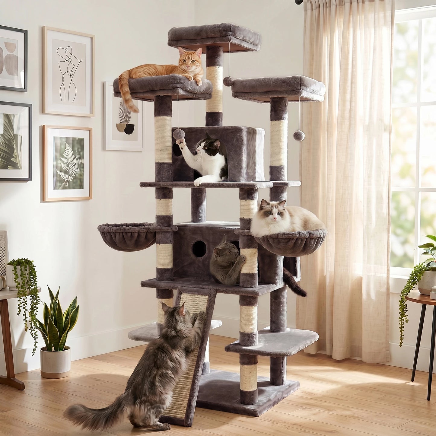 FOOWIN Indoor Cat Tree Tower With Plush Perches And Condos