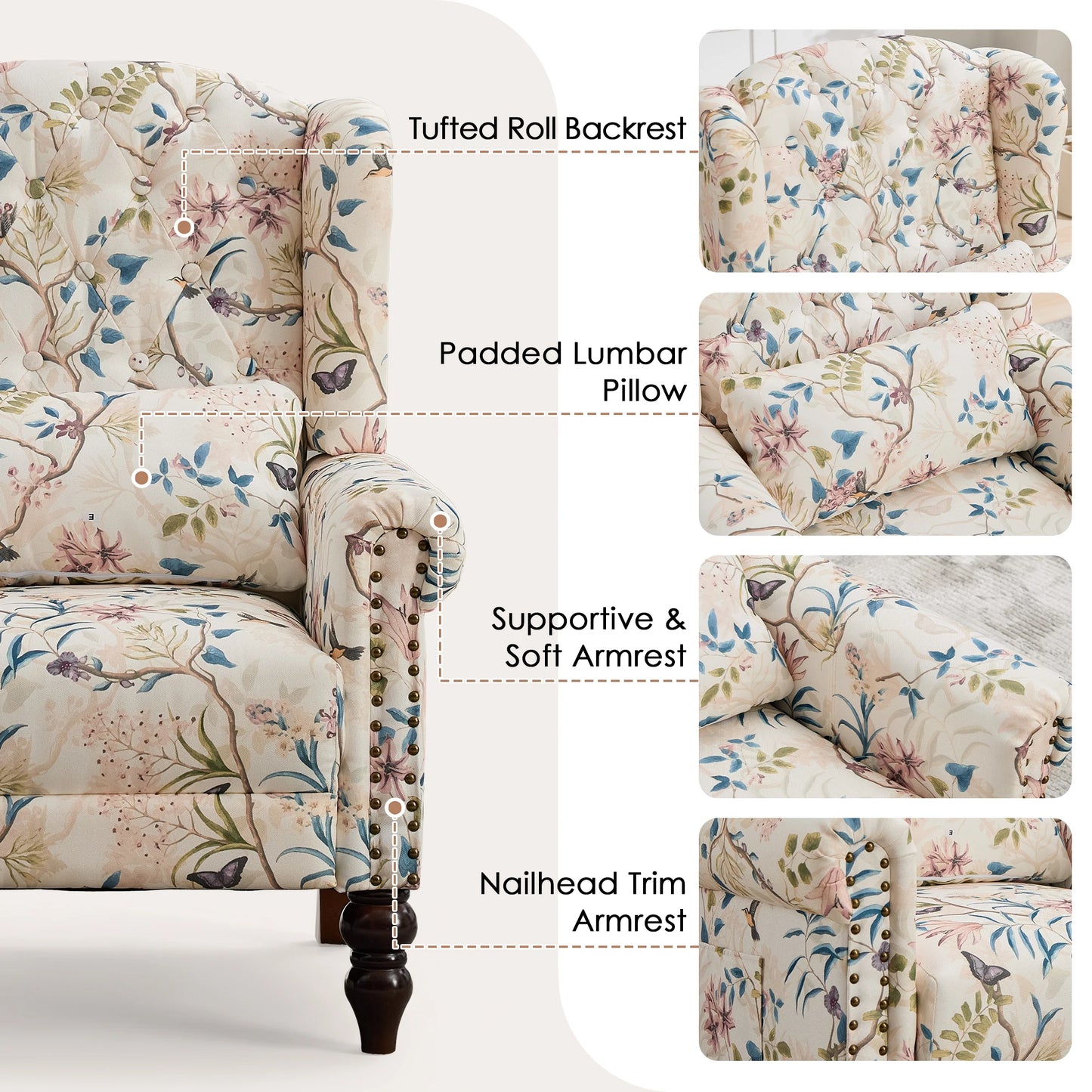 TCGBKAF Vintage Floral Wingback Accent Chair Mid Century Modern Armchair