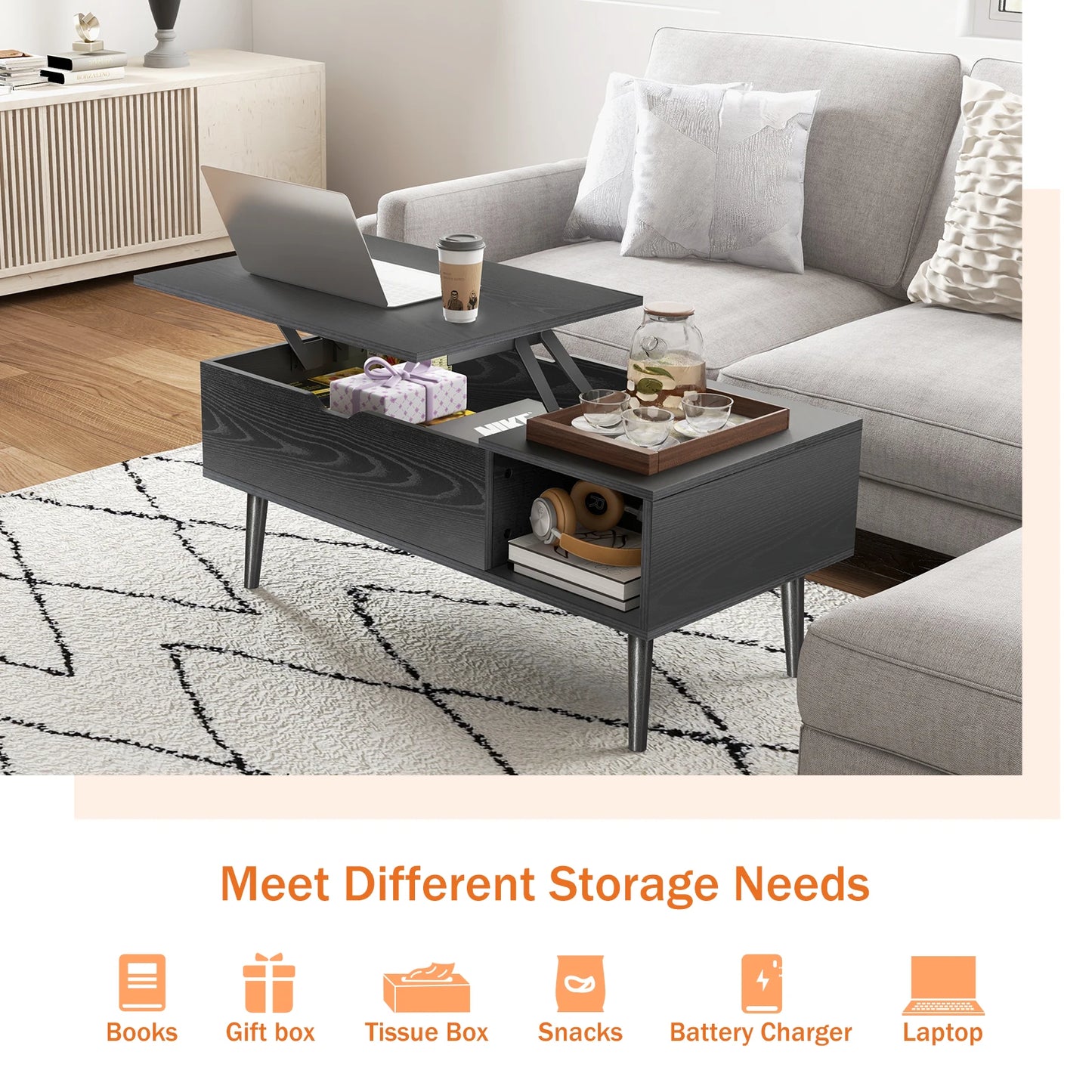 JHK Wood Lift Top Coffee Table Featuring Adjustable Storage Shelf