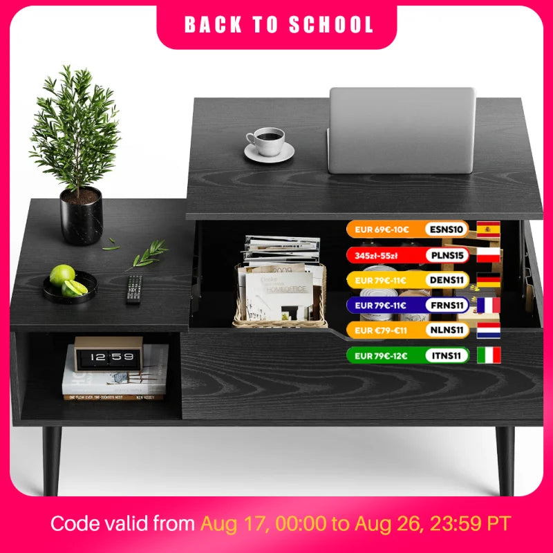 JHK Wood Lift Top Coffee Table Featuring Adjustable Storage Shelf