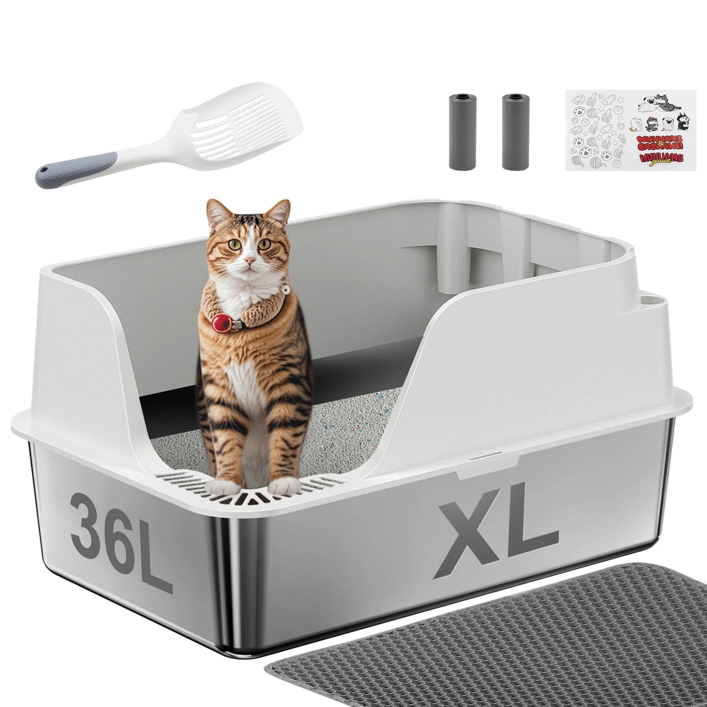 Stainless Steel Cat Litter Box,  Extra Large Splash-proof & Leak-proof Litter Box Suitable for Large Cats